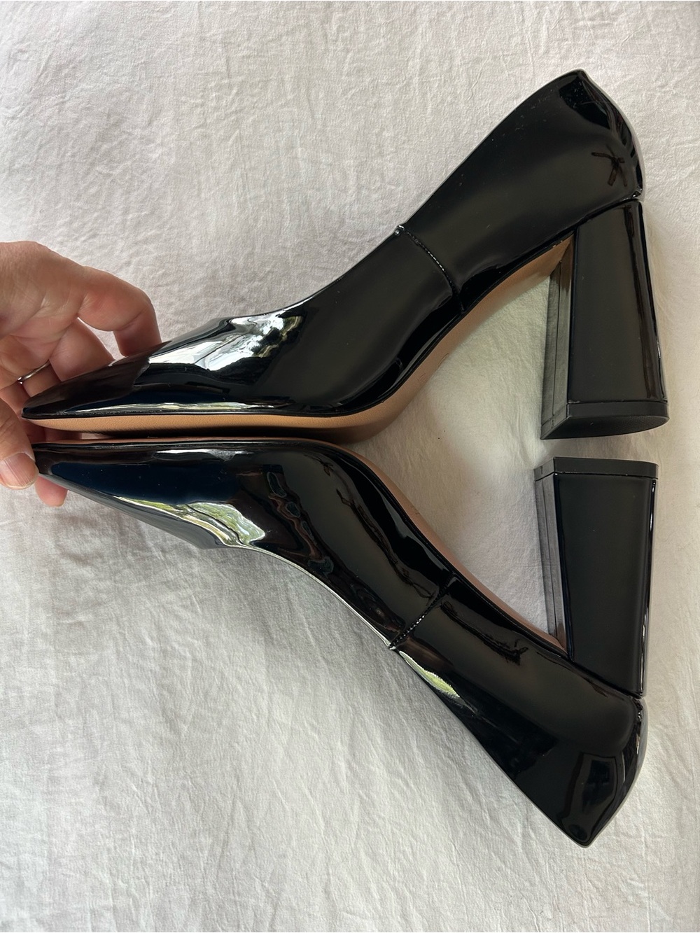 CHANEL Black Patent Leather Block Heel Pumps with Pointed Toe
